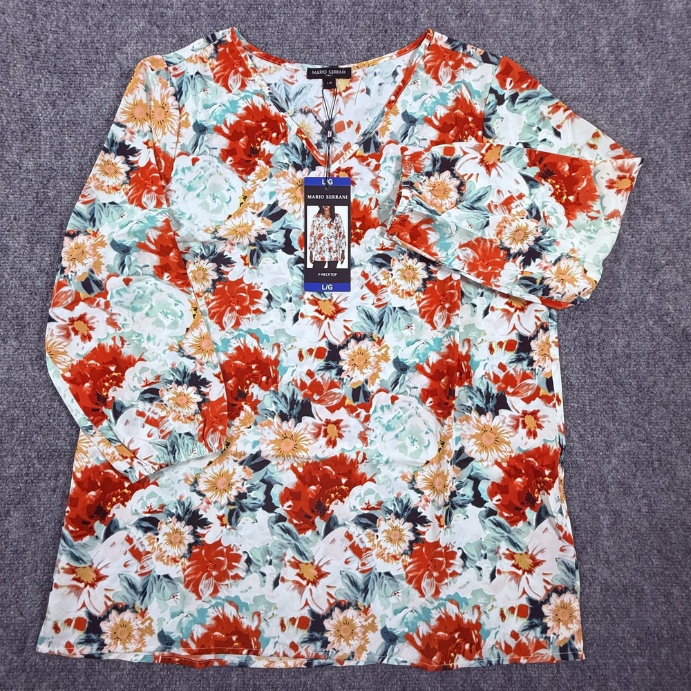 Mario Serrani V Neck Blouse Large Pullover Lightweight Floral Spring Tunic Top